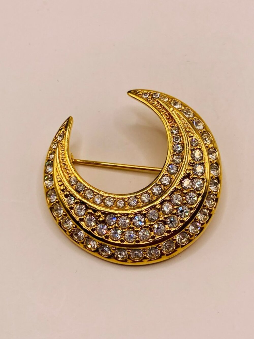 Joan Rivers Gold-Tone Crescent Moon Brooch Pin Clear Pave Rhinestones -90B